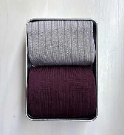 Box of 2 Long Pairs, Bordeaux-Medium Grey